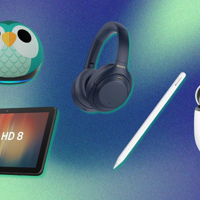 Amazon Fire HD 8 tablet, Echo Dot Kids, Sony WH-1000XM4 headphones, Apple Pencil Pro, and Google Pixel Buds A-Series with blue and green background