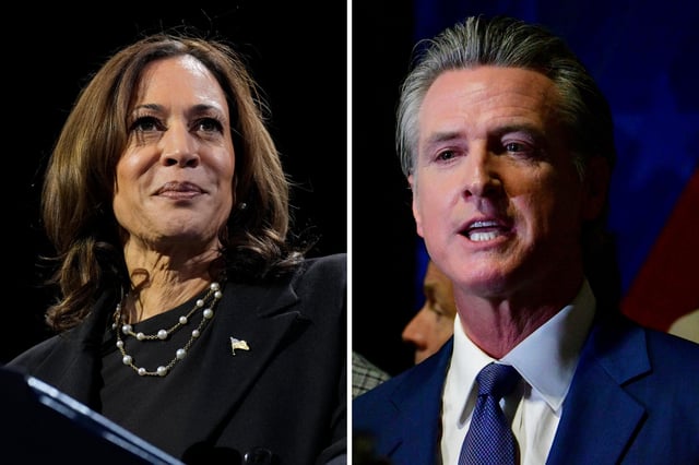 Split screen of Kamala Harris and Gavin Newsom.