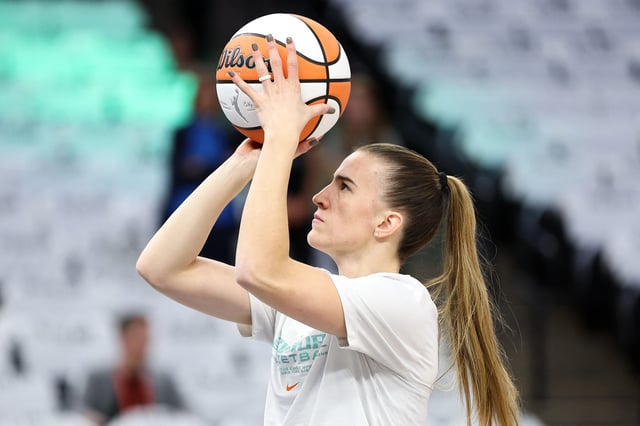 Oct 18, 2024; Minneapolis, Minnesota, USA; New York Liberty guard Sabrina Ionescu (20) warms up before game four of the 2024 WNBA Finals against the Minnesota Lynx at Target Center. Mandatory Credit: Matt Krohn-Imagn Images/File Photo