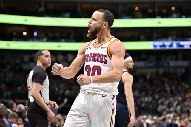 Feb 12, 2025; Dallas, Texas, USA; Golden State Warriors guard Stephen Curry (30) celebrates after he makes a three point shot over Dallas Mavericks guard Klay Thompson (31) to give the Warriors the lead during the fourth quarter at the American Airlines Center. Mandatory Credit: Jerome Miron-Imagn Images/File Photo