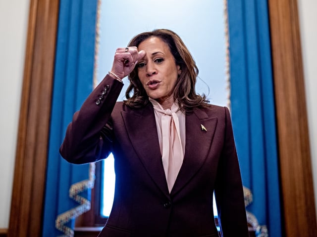 WASHINGTON, DC - JANUARY 06: U.S. Vice President Kamala Harris speaks to reporters as she walks out of a meeting with House Minority Leader Hakeem Jeffries (D-N.Y) after certifying the Electoral College vote for the 2024 Presidential election at the U.S. Capitol on January 06, 2025 in Washington, DC. Congress held a joint session to ratify President-elect Donald Trump's Electoral College win over Vice President Kamala Harris, four years after a mob of supporters of then-President Donald Trump stormed the Capitol to halt the certification of the 2020 election results. (Photo by Andrew Harnik/Getty Images)