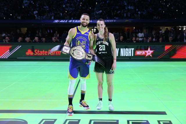 Stephen Curry of the Golden State Warriors and Sabrina Ionescu of the New York Liberty pose for a photo after their 3-point challenge during the State Farm All-Star Saturday Night at Lucas Oil Stadium on Feb. 17, 2024, in Indianapolis.