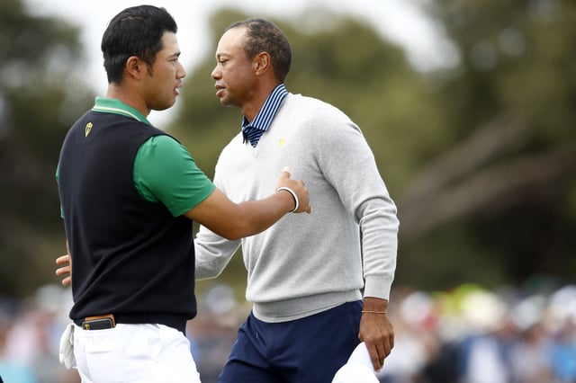 Hideki Matsuyama and Tiger Woods, 2019 Presidents Cup at Royal Melbourne Golf Course, Australia.