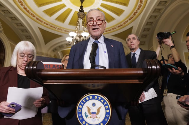 Senate Minority Leader Chuck Schumer gives remarks to the media during a press conference with Senate Democratic Leadership outside the Senate Chamber in the Capitol Building, in Washington DC, on Tuesday, January 28, 2025.