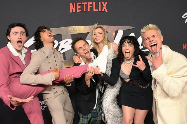 (L-R) Gianni DeCenzo, Xolo Maridueña, Jacob Bertrand, Peyton List, Mary Mouser and Tanner Buchanan attends Cobra Kai Season 6 Part 1 - Special Fan Event at Autry Museum at Griffith Park on July 17, 2024 in Los Angeles, California.