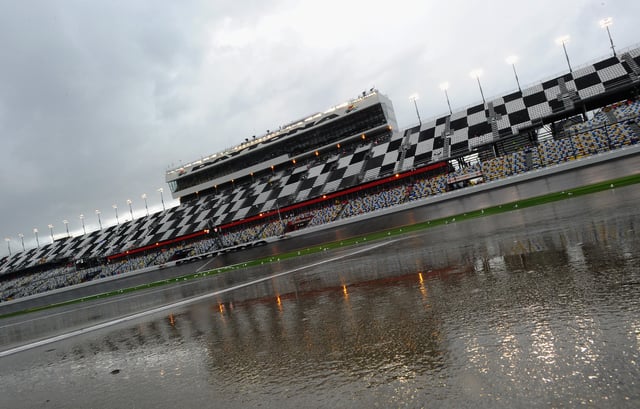 Rain falls during a rain delay in the NASCAR Sprint Cup Series Daytona 500 at Daytona International Speedway on February 23, 2014 in Daytona Beach, Florida.