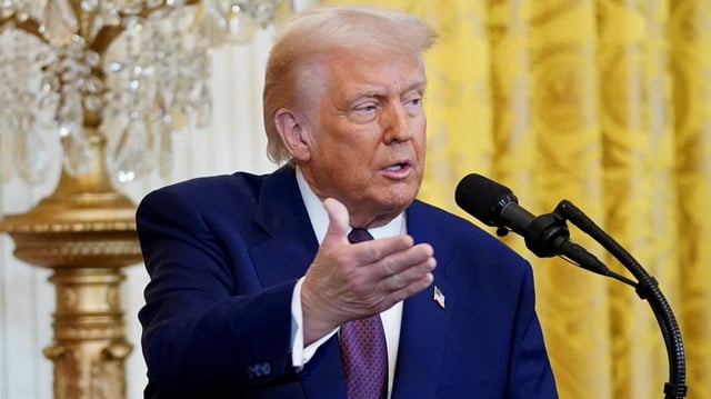 U.S. President Donald Trump speaks during a joint press conference with Indian Prime Minister Narendra Modi at the White House in Washington, D.C., U.S., February 13, 2025.