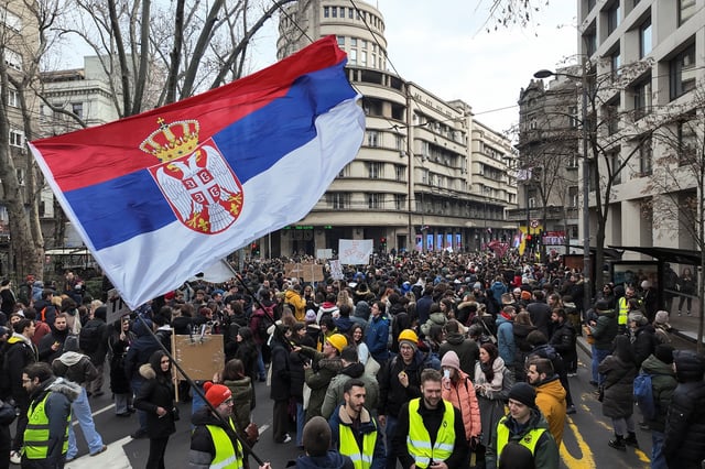Students protest in front of the state-owned and operated radio station Radio Belgrade headquarters, over the fatal November 2024 Novi Sad railway station roof collapse, in Belgrade, Serbia, February 13, 2025. REUTERS/Kuba Stezycki