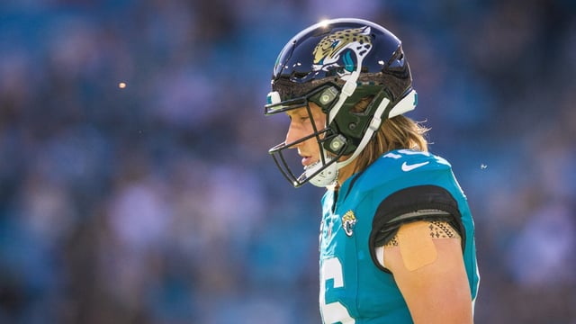 Dec 1, 2024; Jacksonville, Florida, USA; Jacksonville Jaguars quarterback Trevor Lawrence (16) walks back to the huddle against the Houston Texans in the first quarter at EverBank Stadium. Mandatory Credit: Jeremy Reper-Imagn Images