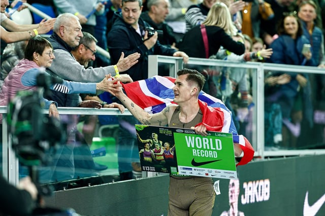 Norway's Jakob Ingebrigtsen greets supporters after breaking the world record in the men's mile at the Hauts-de-France Pas-de-Calais, as part of the World Indoor Tour Gold, in Lievin, northern France, on February 13, 2025.