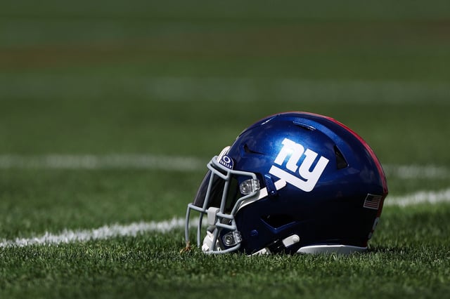 A New York Giants helmet is seen during offseason workouts at NY Giants Quest Diagnostics Training Center in East Rutherford, New Jersey, on May 30, 2024.