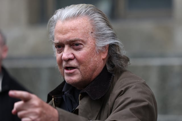 Steve Bannon, former advisor to U.S. President Donald Trump, speaks to members of the media as he departs Manhattan Criminal Court after a hearing on February 11, 2025 in New York City.