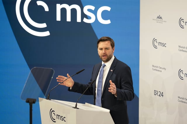 United States Vice-President JD Vance addresses the audience during the Munich Security Conference at the Bayerischer Hof Hotel in Munich, Germany, Friday, Feb. 14, 2025. (AP Photo/Matthias Schrader)