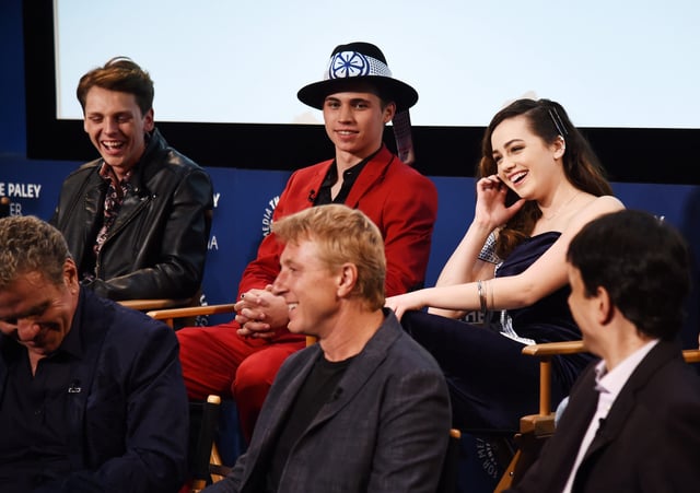 Clockwise from top left, Jacob Bertrand, Tanner Buchanan, Mary Mouser, Ralph Macchio, William Zabka and Martin Kove attend the premiere screening and conversation of YouTube Original's "Cobra Kai" Season 2 on April 22, 2019, in Beverly Hills, California.