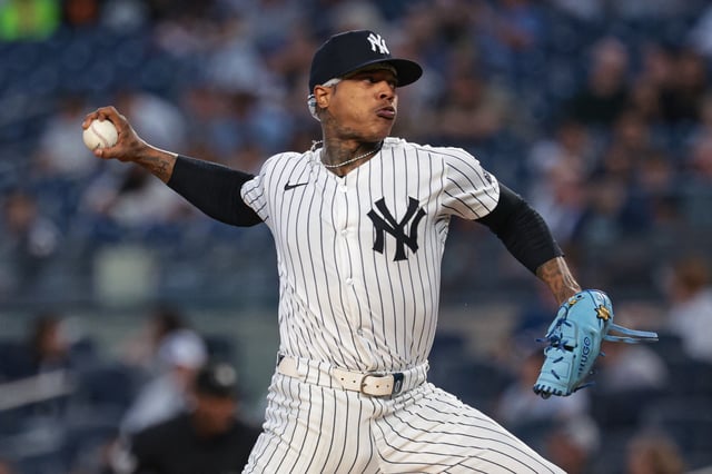 Sep 10, 2024; Bronx, New York, USA; New York Yankees starting pitcher Marcus Stroman (0) delivers a pitch during the first inning against the Kansas City Royals at Yankee Stadium. Vincent Carchietta-Imagn Images