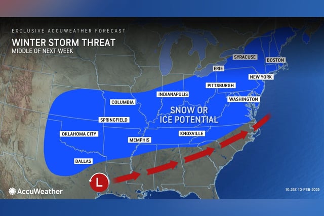 An AccuWeather map illustrates which states could see snow and ice as a result of a winter storm next week.