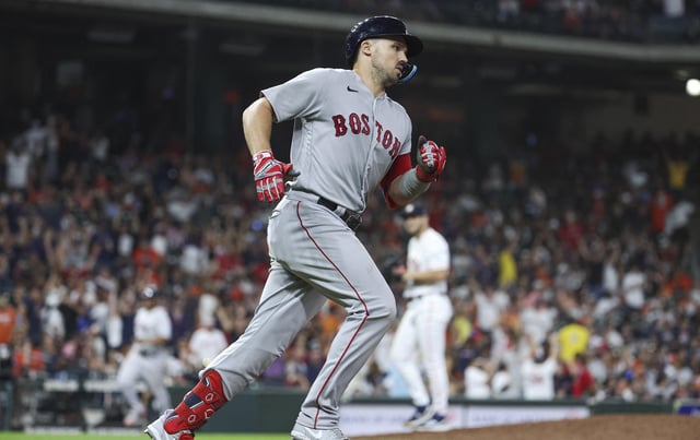 Aug 23, 2023; Houston, Texas, USA; Houston Astros relief pitcher Kendall Graveman (31) reacts and Boston Red Sox center fielder Adam Duvall (18) runs to first base on a three-run home run during the tenth inning at Minute Maid Park. Mandatory Credit: Troy Taormina-USA TODAY Sports/File Photo