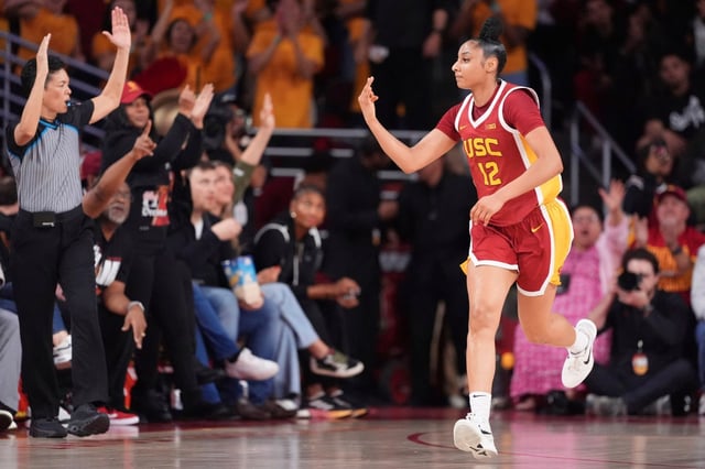 USC’s JuJu Watkins gestures after hitting a 3-pointer in the first half against UCLA on Thursday, Feb. 13, 2025, at the Galen Center. (AP Photo/Mark J. Terrill)