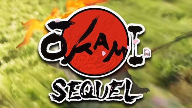 The Okami Sequel logo sits on top of Amaterasu running across a field.