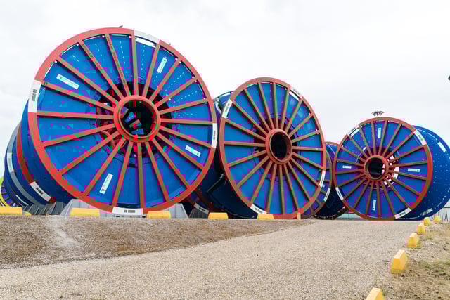 Le Trait, Seine-Maritime / France - 13 August 2019: empty subsea umbilical cable reels ready for reloading