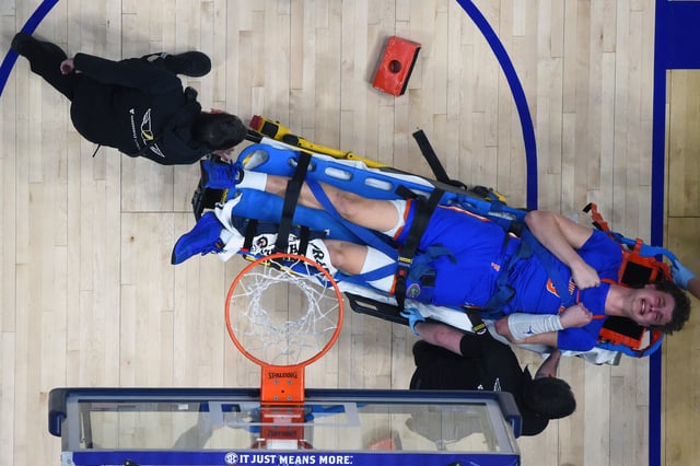 Mar 17, 2024; Nashville, TN, USA; (Editors Note: Sensitive content) Florida Gators center Micah Handlogten (3) is stretchered off the court after a leg injury during the first half against the Auburn Tigers at Bridgestone Arena. Mandatory Credit: Christopher Hanewinckel-USA TODAY Sports/File Photo