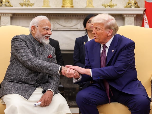 WASHINGTON DC, UNITED STATES - FEBRUARY 13: (----EDITORIAL USE ONLY - MANDATORY CREDIT - 'INDIAN PRESS INFORMATION BUREAU / HANDOUT' - NO MARKETING NO ADVERTISING CAMPAIGNS - DISTRIBUTED AS A SERVICE TO CLIENTS----) US President Donald Trump meets with Indian Prime Minister Narendra Modi at the White House in Washington DC, United States on February 13, 2025. (Photo by Indian Press Information Bureau / Handout/Anadolu via Getty Images)