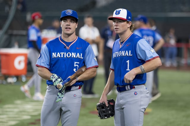 James Triantos and Matt Shaw of the Chicago Cubs look on during the 2024 All-Star Futures Game at Globe Life Field on Saturday, July 13, 2024 in Arlington, Texas.