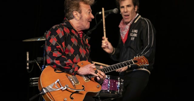 Brian Setzer with drummer Slim Jim Phantom of the Stray Cats early in their performance Sunday night at the Island Event Center in Welch. ] JEFF WHEELER • jeff.wheeler@startribune.com The Stray Cats brought their 40th Anniversary Tour to the Island Event Center at Treasure Island Resort and Casino in Welch Sunday night, August 18, 2019.The James Hunter Duo opened.