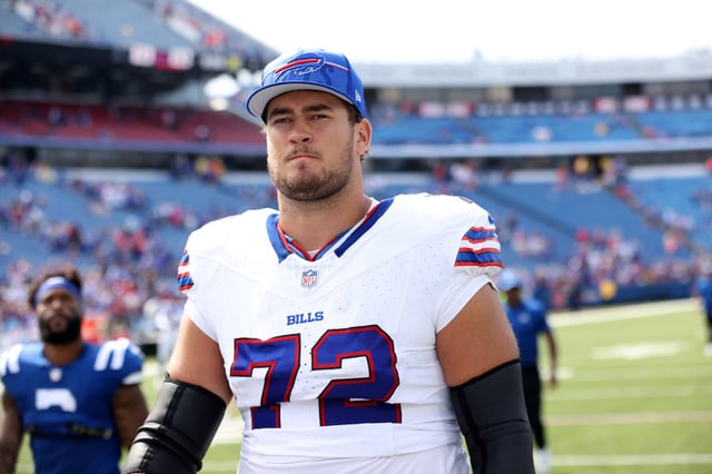 ORCHARD PARK, NEW YORK - AUGUST 12: Tommy Doyle #72 of the Buffalo Bills walks off the field after a preseason game against the Indianapolis Colts at Highmark Stadium on August 12, 2023 in Orchard Park, New York.