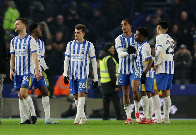 Soccer Football - Premier League - Brighton & Hove Albion v Chelsea - The American Express Community Stadium, Brighton, Britain - February 14, 2025  Brighton & Hove Albion's Joao Pedro, Brighton & Hove Albion's Tariq Lamptey, Brighton & Hove Albion's Yasin Ayari, Brighton & Hove Albion's Simon Adingra and Brighton & Hove Albion's Joel Veltman celebrate after the match REUTERS/Ian Walton