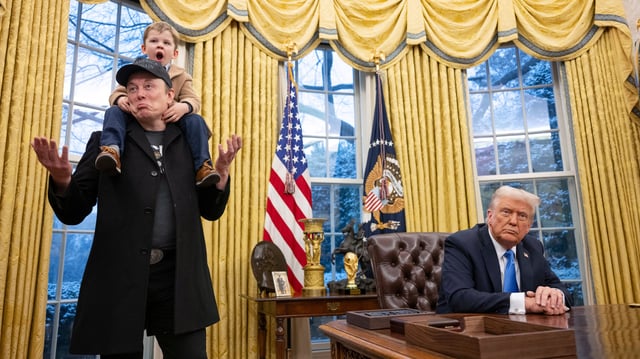 Tesla and SpaceX CEO Elon Musk with his son X Æ A-Xii join US President Donald Trump as he signs executive orders in the Oval Office of the White House in Washington, DC, February 11, 2025. Tech billionaire Elon Musk, who has been tapped by President Donald Trump to lead federal cost-cutting efforts, said the United States would go &#34;bankrupt&#34; without budget cuts. Musk leads the efforts under the newly created Department of Government Efficiency (DOGE), and was speaking at the White House with Trump, who has in recent weeks unleashed a flurry of orders aimed at slashing federal spending. (Photo by Jim WATSON / AFP) (Photo by JIM WATSON/AFP via Getty Images)