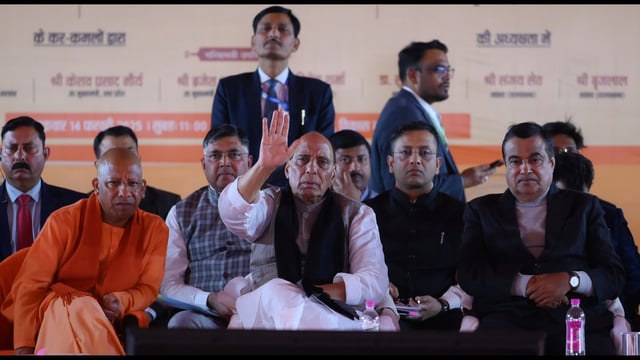 Defence minister and Lucknow MP Rajnath Singh, road and transport minister Nitin Gadkari and UP CM Yogi Adityanath during the inauguration ceremony of two flyovers of four lanes costing 588 crores and 114 other development schemes at Vikas nagar mini stadium in Lucknow on Friday. (Deepak Gupta/ Hindustan Times)