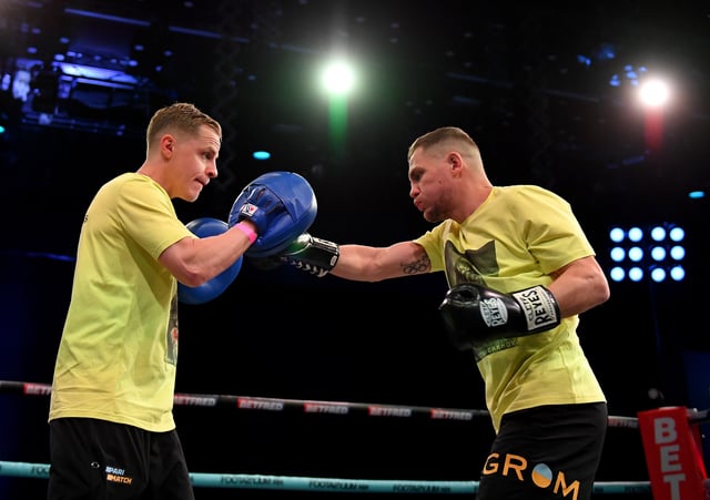 Denys Berinchyk warms up during the media work out ahead of Tyson Fury v Derek Chisora at BT Studios on November 29, 2022 in Stratford, England.