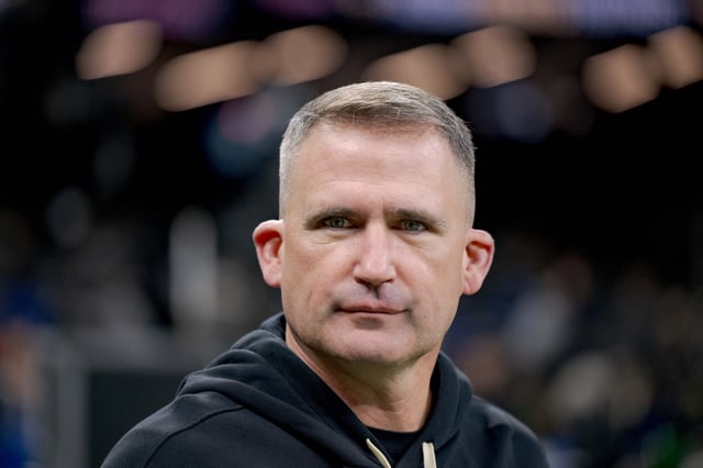 Dec 1, 2024; New Orleans, Louisiana, USA; New Orleans Saints interim head coach Darren Rizzi walks the sideline before a game against the Los Angeles Rams at Caesars Superdome. Mandatory Credit: Matthew Hinton-Imagn Images/File Photo