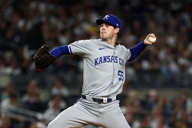Oct 7, 2024; Bronx, New York, USA; Kansas City Royals pitcher Cole Ragans (55) throws a pitch against the New York Yankees in the first inning during game two of the ALDS for the 2024 MLB Playoffs at Yankee Stadium. Mandatory Credit: Vincent Carchietta-Imagn Images/File Photo