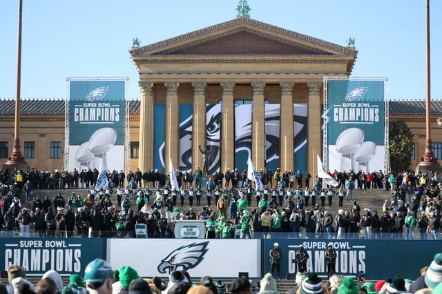 Eagles quarterback Jalen Hurts addresses the fans during the team’s Super Bowl parade on Feb. 14, 2025, in Philadelphia. (Emilee Chinn/Getty Images)