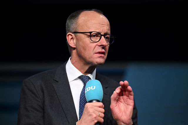 German conservative candidate for chancellor and Christian Democratic Union (CDU) party leader Friedrich Merz speaks in Neubrandenburg, Germany, February 12, 2025. REUTERS/Annegret Hilse/File Photo