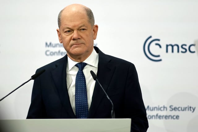 German chancellor Olaf Scholz speaks at the Munich Security Conference on Saturday.