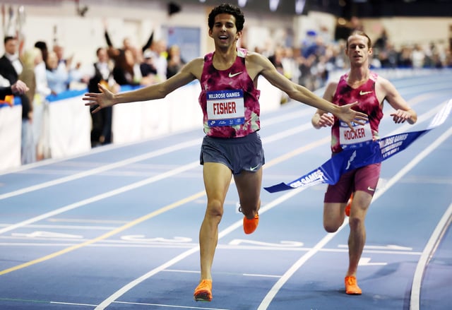 Grant Fisher reacts after setting a new indoor world record in the men's 3000m.