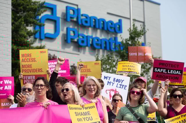 Pro-choice supporters and staff of Planned Parenthood hold a rally outside the Planned Parenthood Reproductive Health Services Center in St. Louis, Missouri, on May 31, 2019.