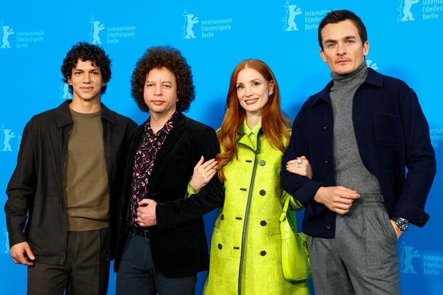 Director Michel Franco and cast members Isaac Hernandez, Rupert Friend and Jessica Chastain attend a photo call for the movie "Dreams" in competition at the 75th Berlinale International Film Festival in Berlin, Germany February 15, 2025. REUTERS/Nadja Wohlleben