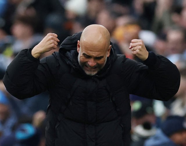 Soccer Football - Premier League - Manchester City v Newcastle United - Etihad Stadium, Manchester, Britain - February 15, 2025 Manchester City manager Pep Guardiola celebrates after Omar Marmoush scores their first goal REUTERS/Phil Noble