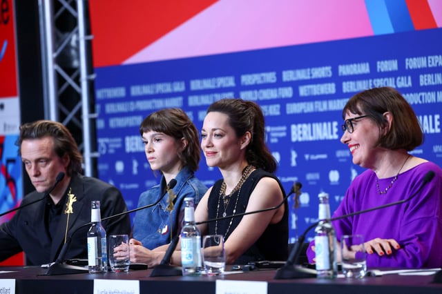 Cast members Marion Cotillard, Clara Pacini, August Diehl and director Lucile Hadzihalilovic attend a press conference to promote the movie "The Ice Tower" at the 75th Berlinale International Film Festival in Berlin, Germany February 16, 2025. REUTERS/Nadja Wohlleben