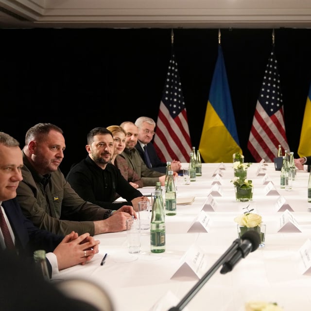 FILE - United States Vice-President JD Vance, second right, and United States Secretary of State Marco Rubio, third right, meet with Ukraine's President Volodymyr Zelenskyy, third left, during a bilateral meeting on the sidelines of the Munich Security Conference in Munich, Germany, Friday, Feb. 14, 2025. (AP Photo/Matthias Schrader, File)