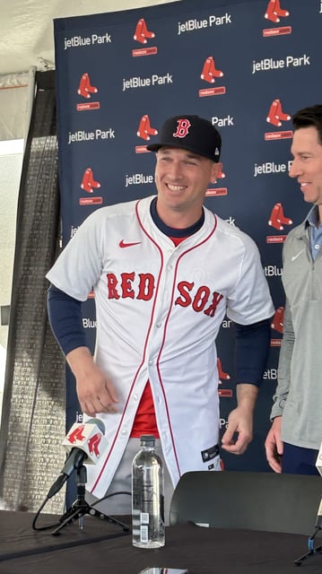 Alex Bregman (left) is introduced to the media by Boston Red Sox GM Craig Breslow after the two-time All-Star signed a three-year, $120 million contract with the team.