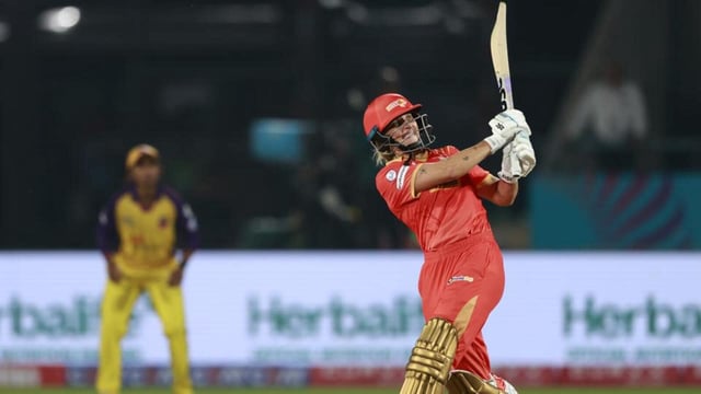 Gujarat Giants skipper Ashleigh Gardner on way to scoring a match-winning fifty in the six-wicket win over UP Warriorz in the Women’s Premier League in Vadodara on Sunday. (BCCI)