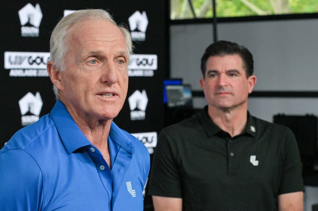 Australia&#39;s former golfer Greg Norman (L) speaks as LIV Golf CEO Scott O&#39;Neil looks on as they announce Adelaide securing the tournament until 2031, during the final day of the LIV Golf Adelaide at the Grange Golf Club in Adelaide on February 16, 2025.