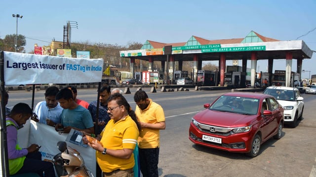 People register for FASTag at a Taswade toll plaza on the Pune-Bangalore national highway, in Karad on February 17.