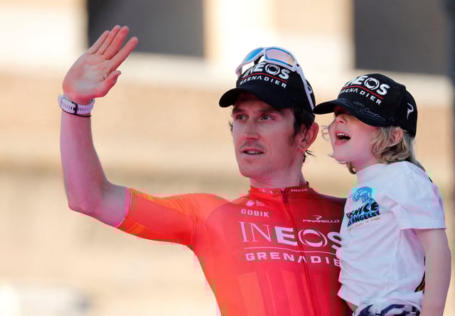 Cycling - Giro d'Italia - Stage 21 - Roma to Roma - Italy - May 26, 2024 INEOS Grenadiers' Geraint Thomas celebrates his third place on the podium after the Giro d'Italia 2024 REUTERS/Ciro De Luca/File Photo