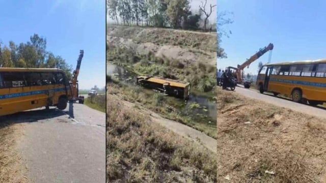 The school bus that fell into the canal and was later brought out with the help of a crane near Noch village of Kaithal district on Monday.